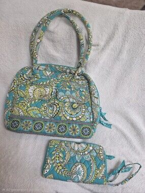 Vera Bradley Blue Paisley Tote Bag & Matching Zip Card Wallet Set EUC